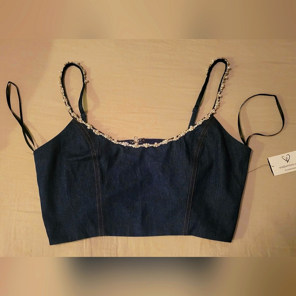 Womens Dark Denim Zip Up Crop Top Style Top